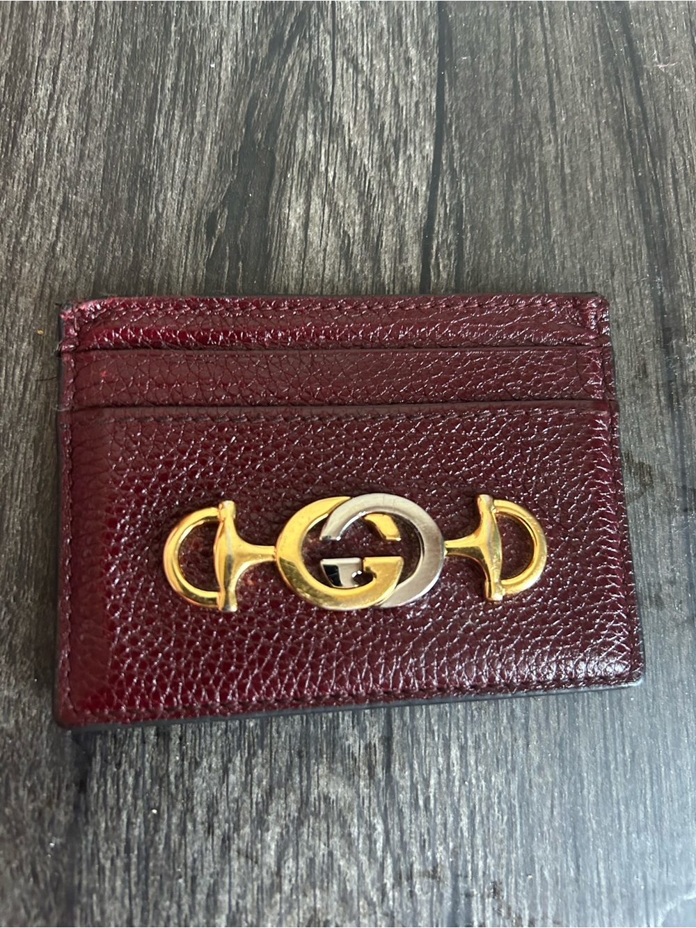 Gucci Burgundy Leather Card Holder with Gold-Tone Horsebit